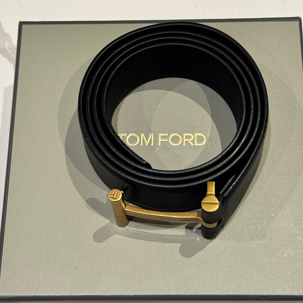 Tom Ford Black Leather Belt with Gold Buckle - Picture 6 of 6